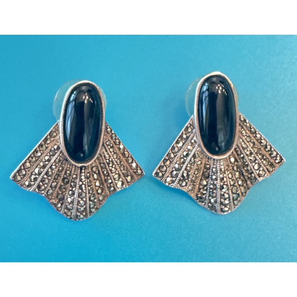 Judith Jack Sterling Silver Marcasite Black Cabochon Fan Earrings 13.7g